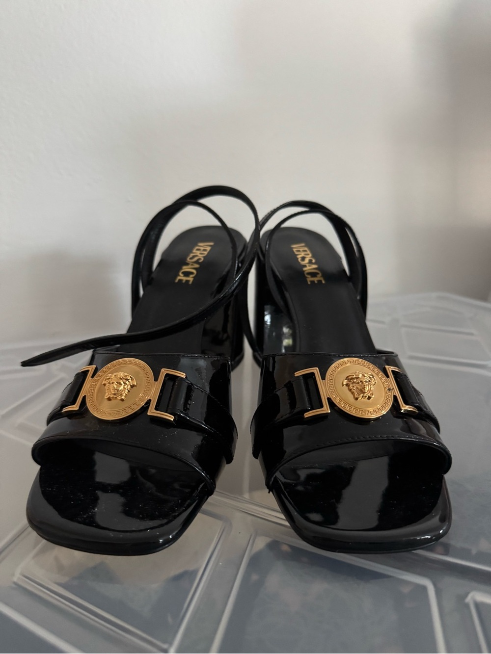 Versace Black Patent Leather Gold Medusa Strap Heels
